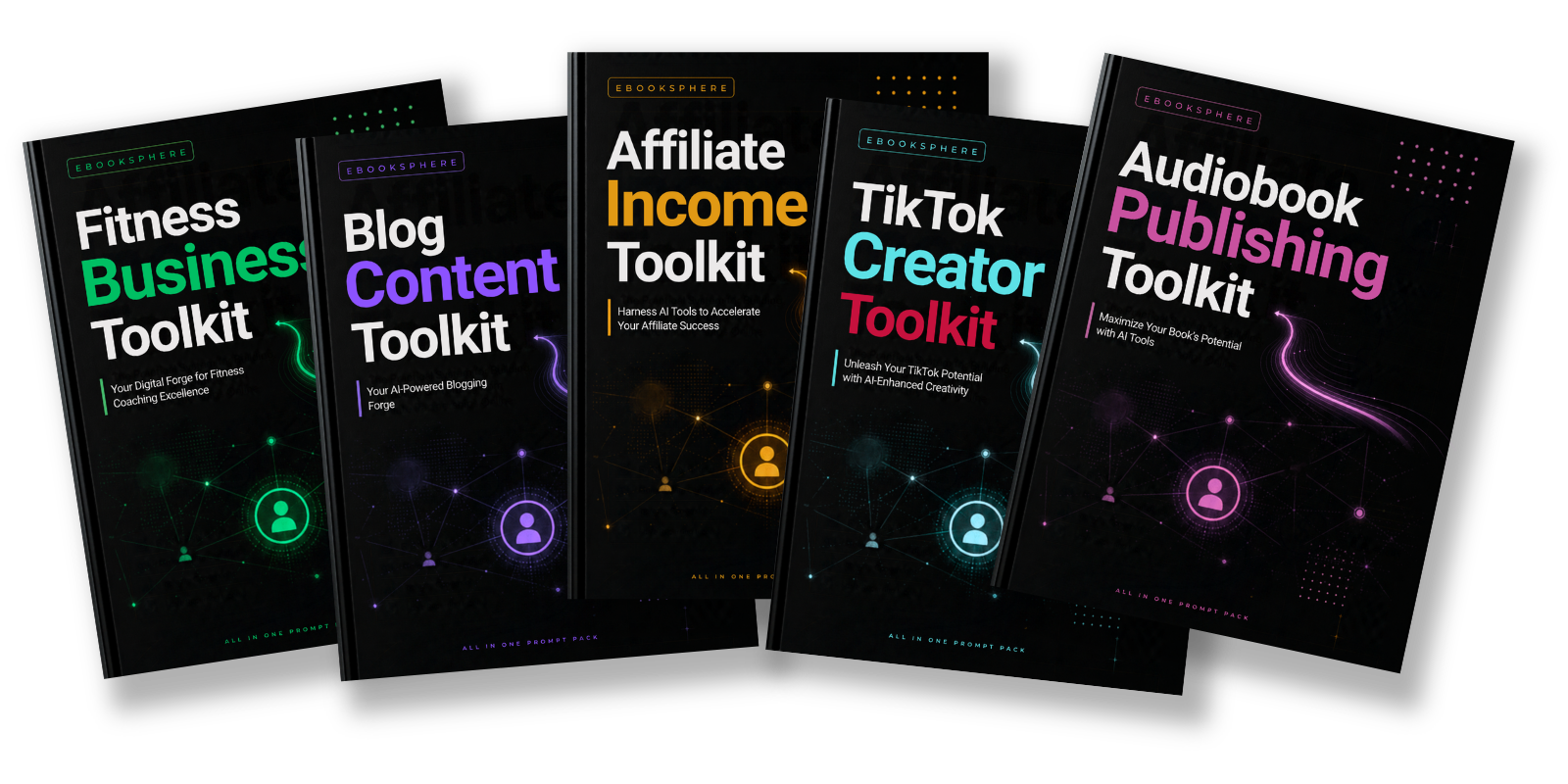 AI prompt toolkits — Fitness Business, Blog Content, Affiliate Income, TikTok Creator, Audiobook Publishing